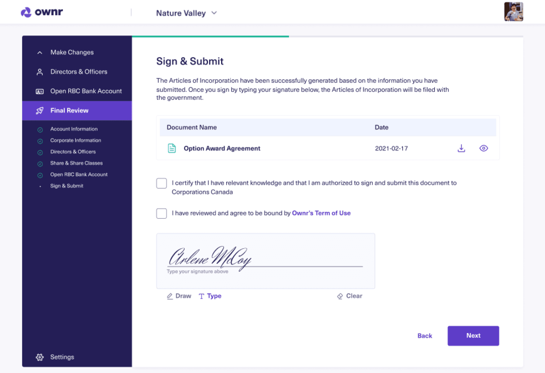 Ownr Sign & Submit screen