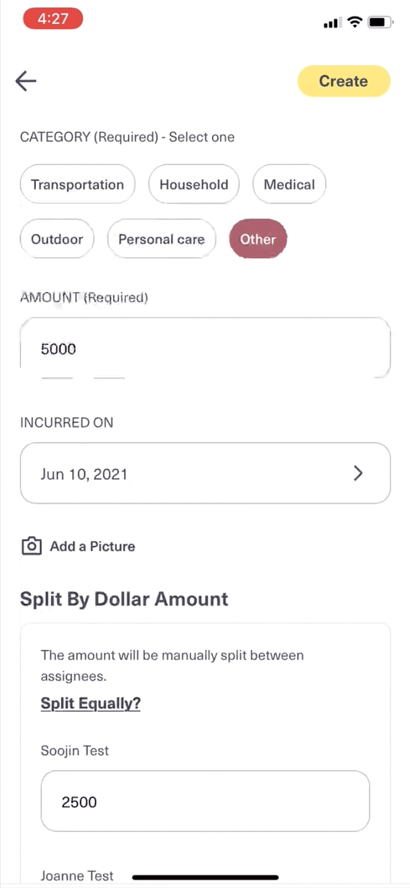 Adding a family note to an expense